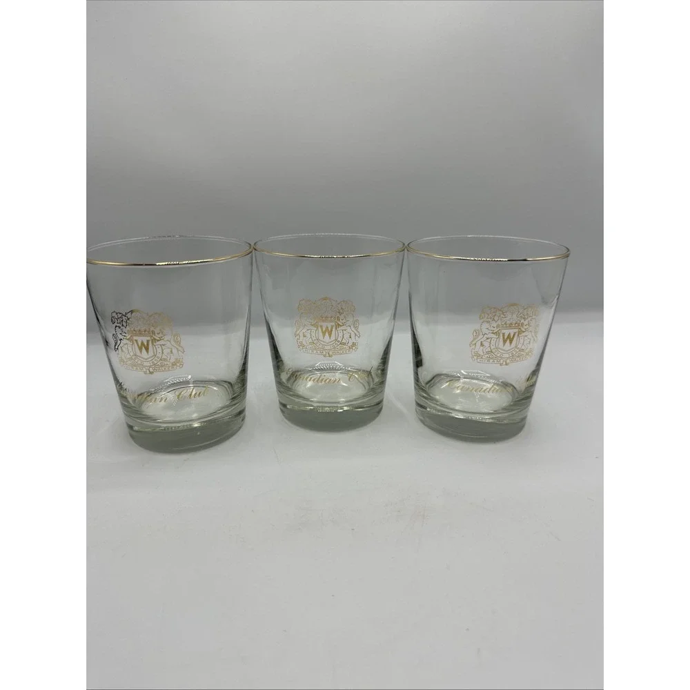 Double Old Fashioned Gold Rimmed Canadian Club Glasses Set Of 3‎ Vintage